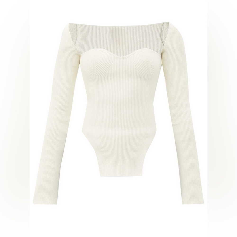 White Sweetheart Neckline Rib Knit Long Sleeve Sweater XS-S